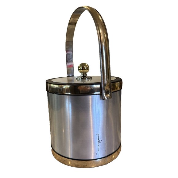 Morgan Ice Bucket MCM Barware MCM 8" x 8" Gold Silver Tongs Top w/ Knob Vintage - Picture 2 of 11